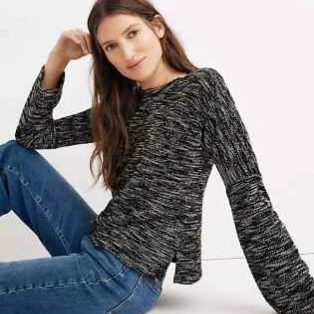 Madewell Black Marbled Button Shoulder Wide Sleeve‎ Sweater